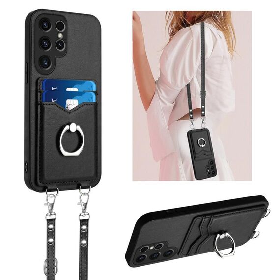 Per Samsung Galaxy S22 Ultra 5G R20 Custodia per telefono con anello a tracolla e carta (nero)