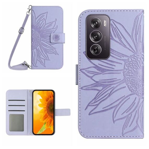 Per OPPO Reno 12 Pro 5G Global Skin Feel Custodia per telefono in pelle con vibrazione in rilievo girasole con cordino (viola)