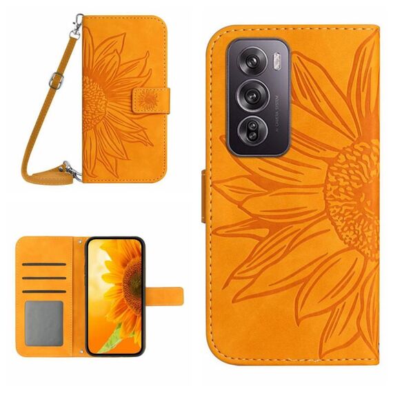 Per OPPO Reno 12 Pro 5G Global Skin Feel Custodia per telefono in pelle con vibrazione in rilievo girasole con cordino (Giallo)
