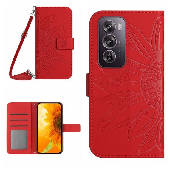 Per OPPO Reno 12 5G Global Skin Feel Custodia per cellulare in pelle con motivo girasole goffrato con cordino (Rosso)