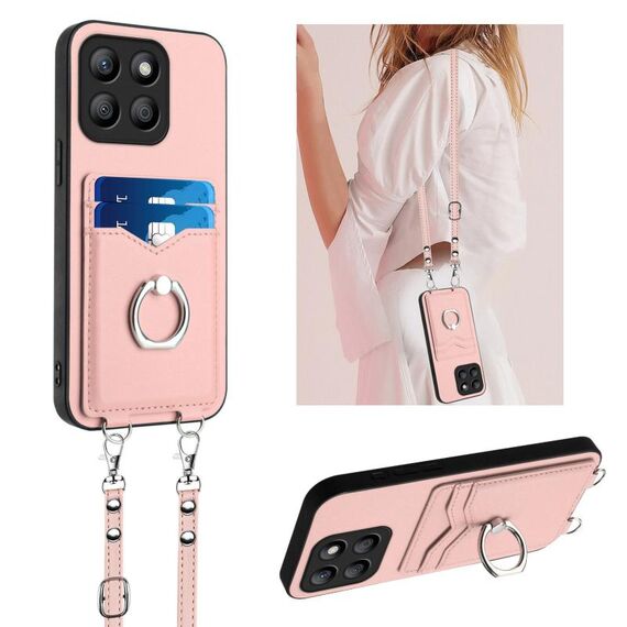 Per Honor X8b Global R20 Custodia per telefono porta carte con anello in corda a tracolla (rosa)