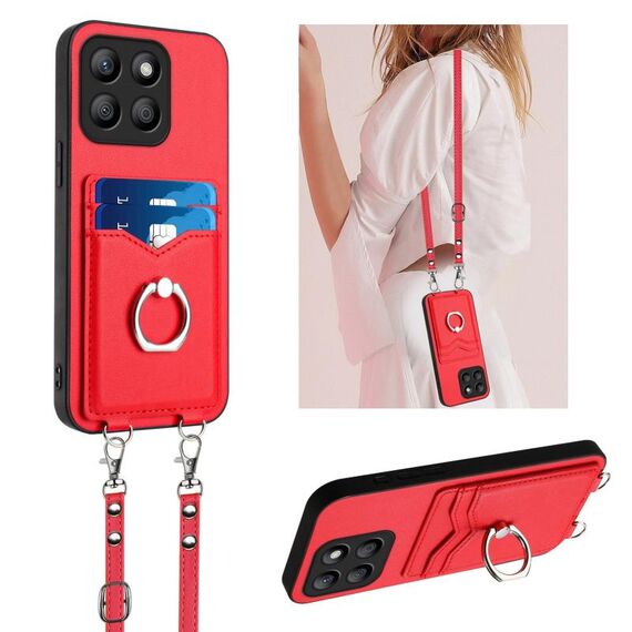 Per Honor X8b Global R20 Custodia per telefono porta carte con anello in corda a tracolla (rossa)
