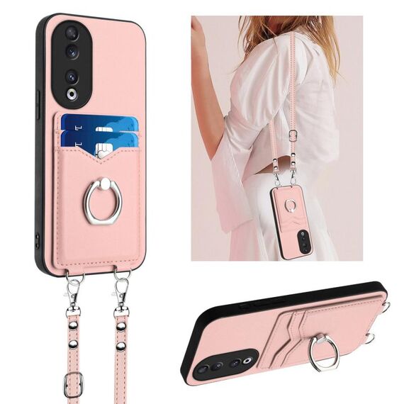 Per Honor 90 R20 Custodia per telefono con porta carte di credito con anello in corda a tracolla (rosa)