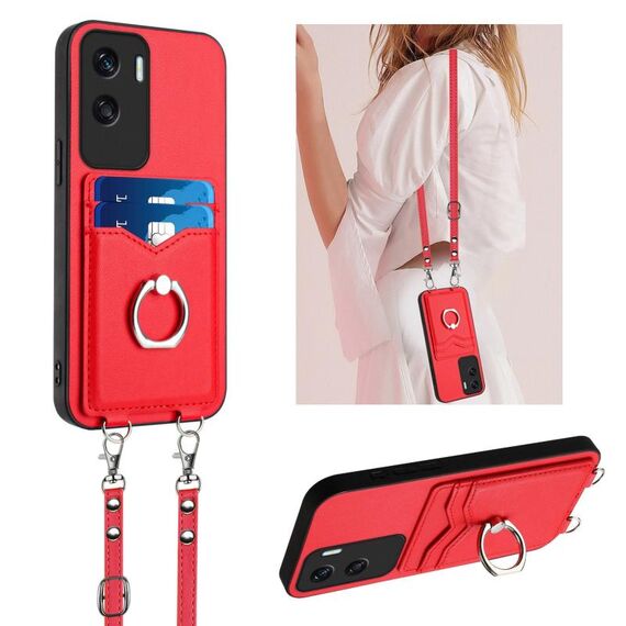 Per Honor X50i R20 Custodia per telefono porta carte con anello in corda a tracolla (rossa)
