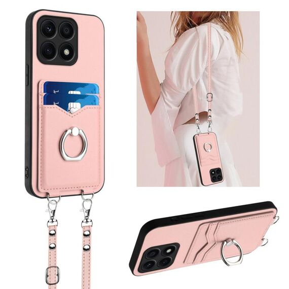 Per Honor X8a R20 Custodia per telefono porta carte con anello in corda a tracolla (rosa)