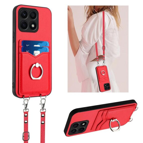 Per Honor X8a R20 Custodia per telefono porta carte con anello in corda a tracolla (rossa)