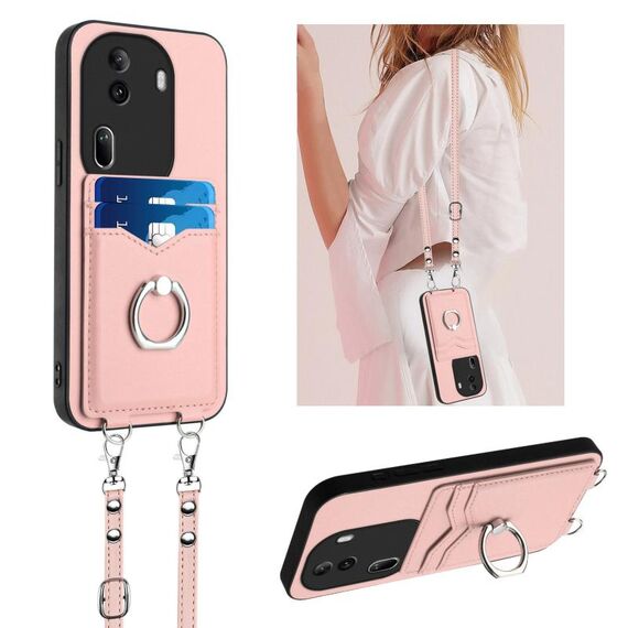 Per OPPO Reno11 Pro Global R20 Crossbody Rope Ring Card Holder Custodia per telefono (rosa)