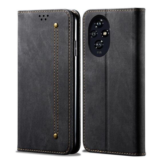 Custodia per telefono in pelle flip con texture denim per Honor 200 (nera)