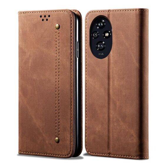 Custodia per telefono in pelle flip con texture denim per Honor 200 Pro (marrone)