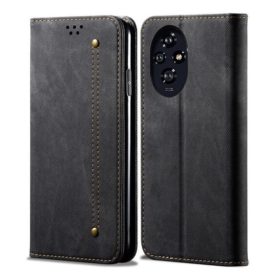 Custodia per telefono in pelle flip con texture denim per Honor 200 Pro (nera)