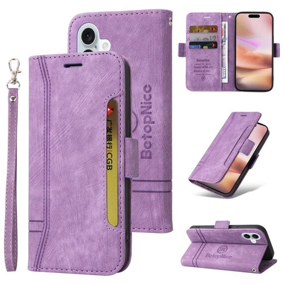 Custodia per telefono in pelle BETOPNICE con fibbia a doppio lato per iPhone 16 Plus (viola)