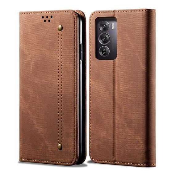 Per OPPO Reno12 5G Global Denim Texture Custodia in pelle con vibrazione orizzontale stile casual (marrone)