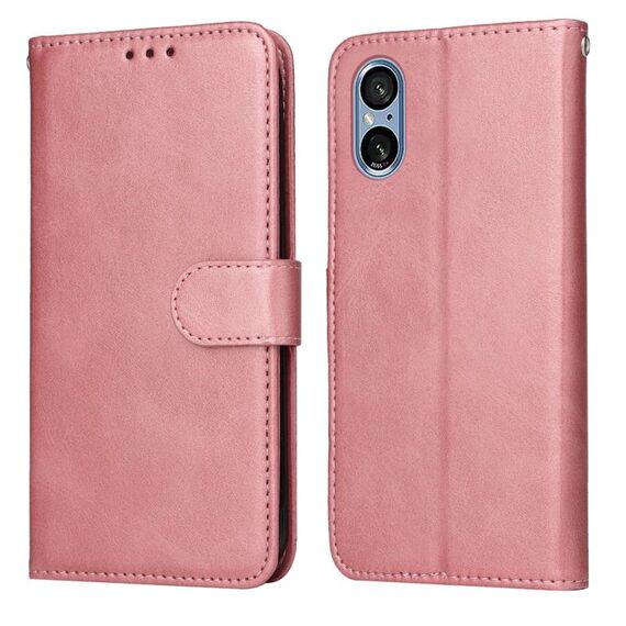 Custodia per cellulare in pelle flip classica con texture di vitello per Sony Xperia 5 V (oro rosa)