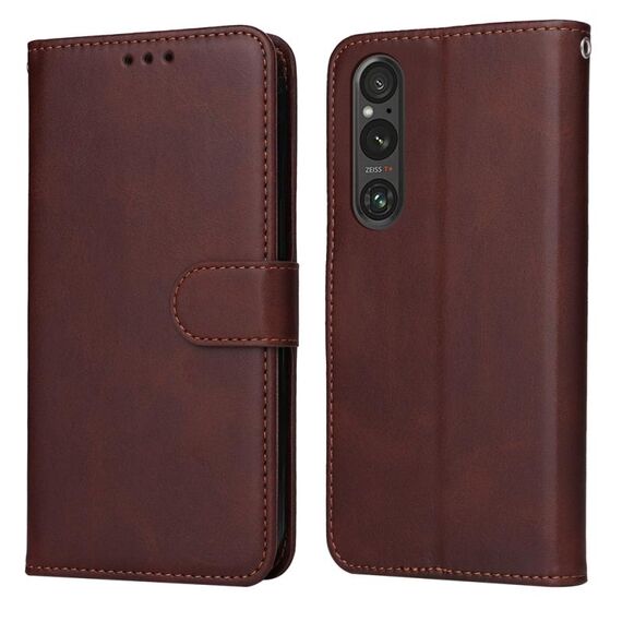 Custodia per cellulare in pelle flip classica con texture di vitello per Sony Xperia 1 V (marrone)