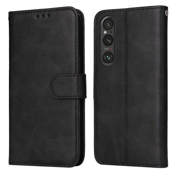 Custodia per cellulare in pelle flip classica con texture di vitello per Sony Xperia 1 V (nera)