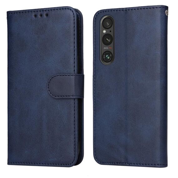 Custodia per cellulare in pelle flip classica con texture di vitello per Sony Xperia 1 V (blu)