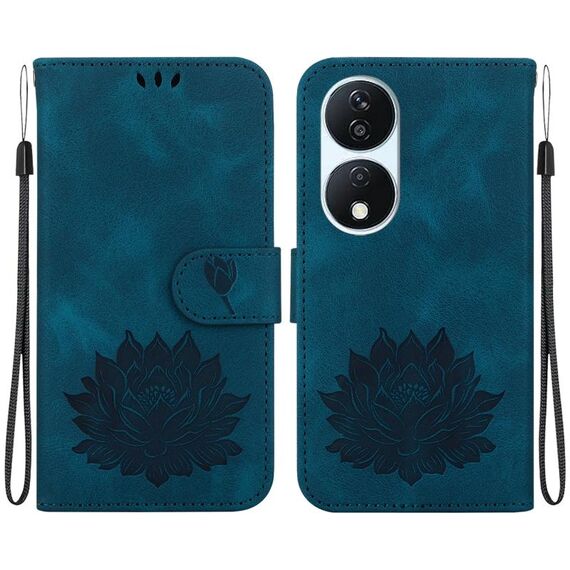 Custodia per telefono in pelle goffrata Lotus per Honor X7b / Play 50 Plus (blu scuro)
