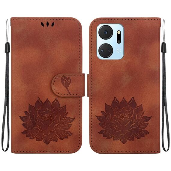 Custodia per telefono in pelle goffrata con motivo a loto per Honor X7a (marrone)