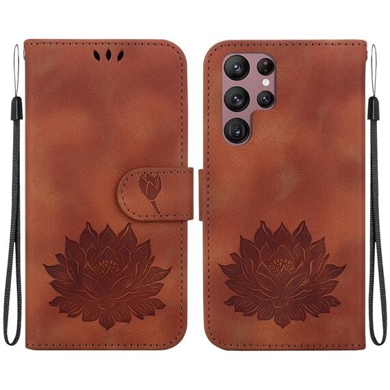 Custodia per telefono in pelle goffrata Lotus per Samsung Galaxy S22 Ultra 5G (marrone)