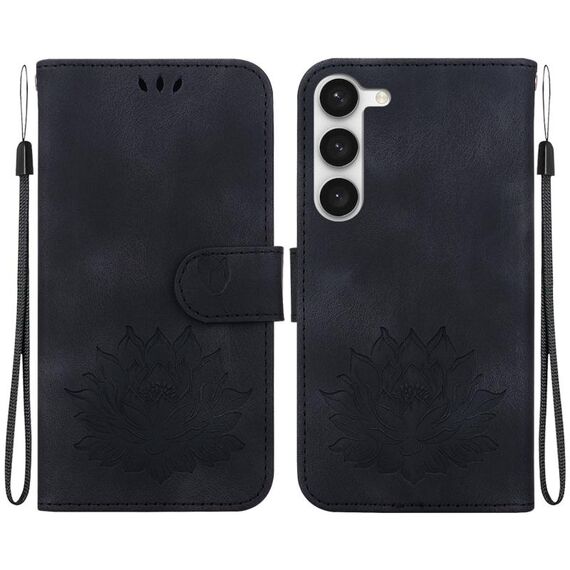 Custodia per telefono in pelle goffrata Lotus per Samsung Galaxy S23 5G (nera)