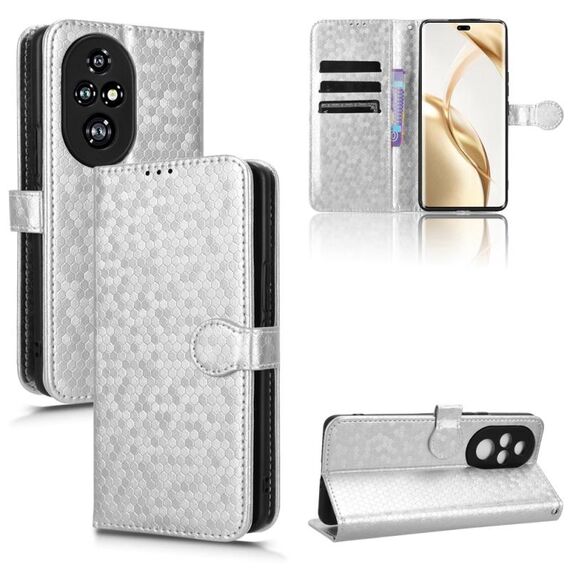 Custodia per telefono in pelle con texture a nido d'ape per Honor 200 Pro (argento)