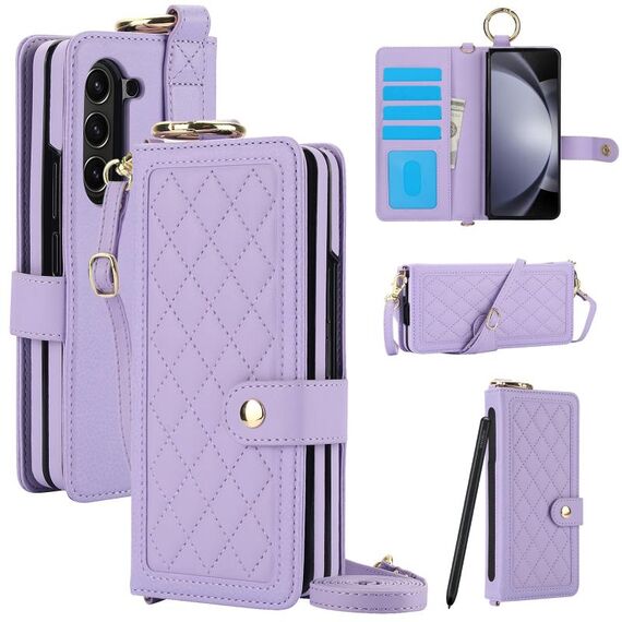 Per Samsung Galaxy Z Flod6 Custodia per telefono con texture rombica con cordino lungo e corto, penna non inclusa (viola)
