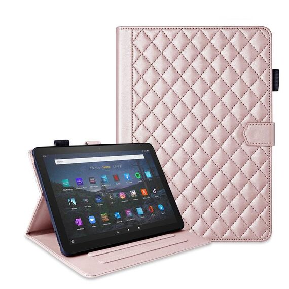 Custodia per tablet in pelle con reticolo romboidale per Amazon Kindle Fire HD10 2023 (oro rosa)