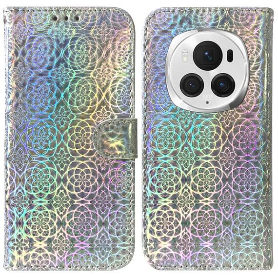 Custodia per telefono in pelle colorata con fibbia magnetica per Honor Magic6 Pro (argento)