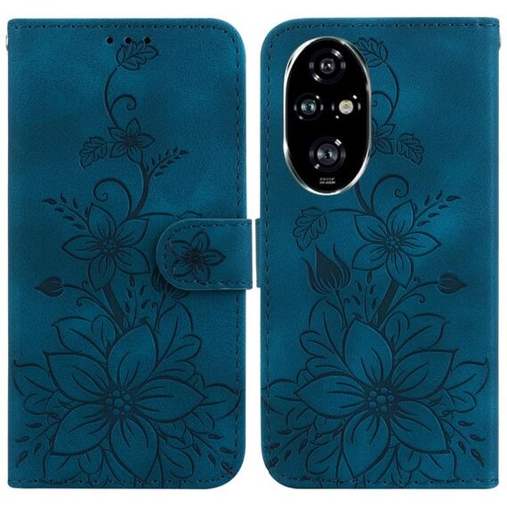 Custodia per telefono in pelle goffrata Giglio per Honor 200 Pro 5G (blu scuro)