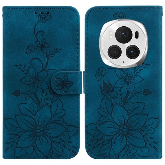 Custodia per telefono in pelle goffrata Honor Magic6 Pro Lily (blu scuro)