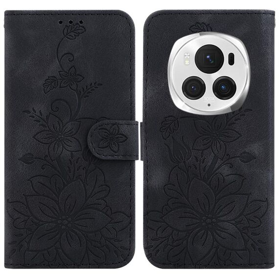 Custodia per telefono in pelle goffrata Giglio per Honor Magic6 Pro (nera)