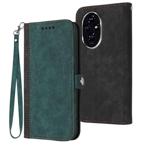 Custodia per telefono in pelle con cinturino a doppia piega con fibbia laterale per Honor 200 (verde scuro)