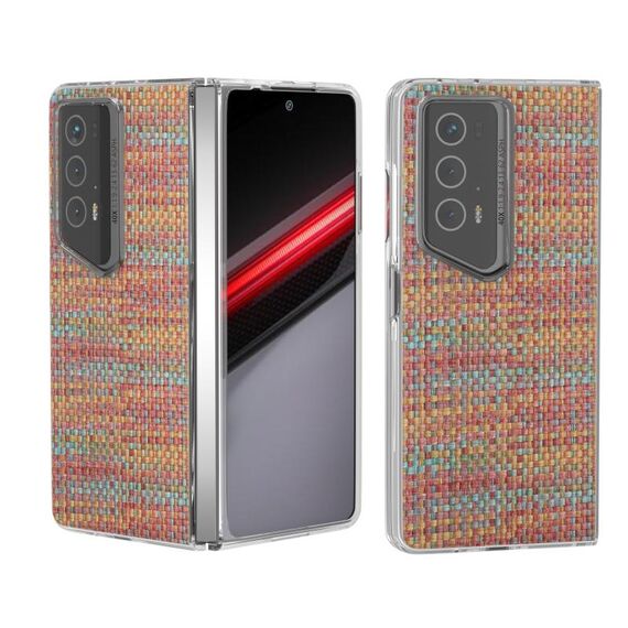 Custodia per telefono in PU con cornice trasparente colorata con texture rombica per Honor Magic V2 RSR Porsche Design (rosso arancione)