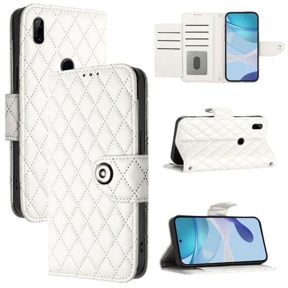 Custodia per telefono in pelle Flip con struttura rombica globale per Honor 9X 4G con cordino (bianco)
