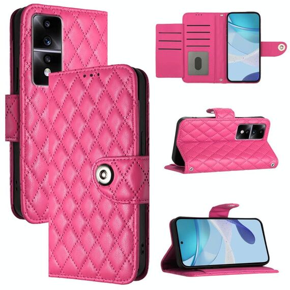 Custodia per cellulare in pelle con texture rombica per Honor 80 GT con cordino (rosa rossa)