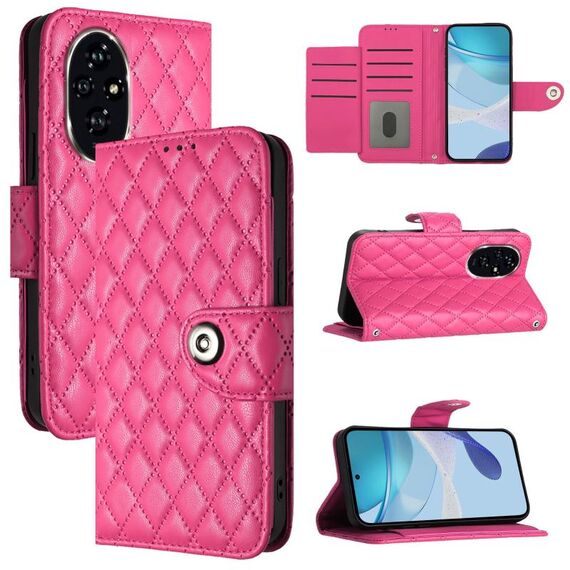 Custodia per cellulare in pelle con texture rombica per Honor 200 con cordino (rosa rossa)