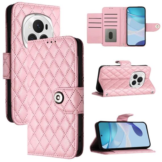 Per Honor Magic6 Pro Custodia per cellulare in pelle con texture rombica con cordino (rosa)