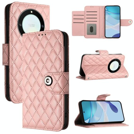 Custodia per cellulare in pelle con texture rombica per Honor X40 / X9a / Magic5 Lite con cordino (rosa corallo)