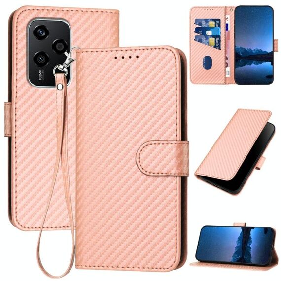 Per Honor 200 Lite Global YX0070 Custodia in pelle con fibbia in fibra di carbonio con cordino (rosa)