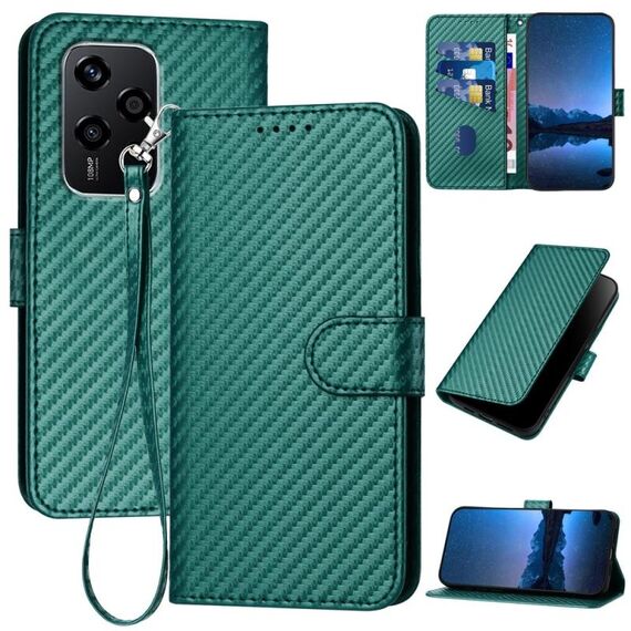 Per Honor 200 Lite Global YX0070 Custodia per telefono in pelle con fibbia in fibra di carbonio con cordino (verde scuro)
