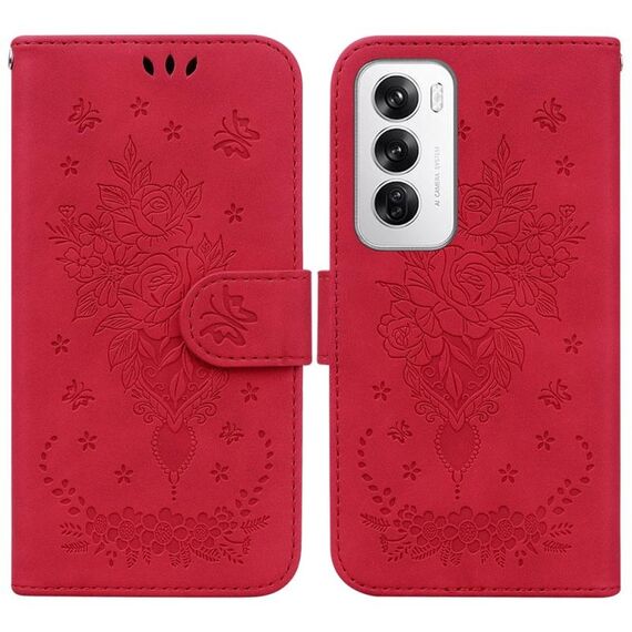 Per OPPO Reno12 5G Custodia per telefono in pelle goffrata Global Butterfly Rose (rossa)