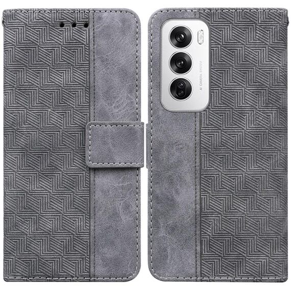 Per OPPO Reno12 5G Custodia per telefono in pelle con motivo geometrico in rilievo globale (grigio)