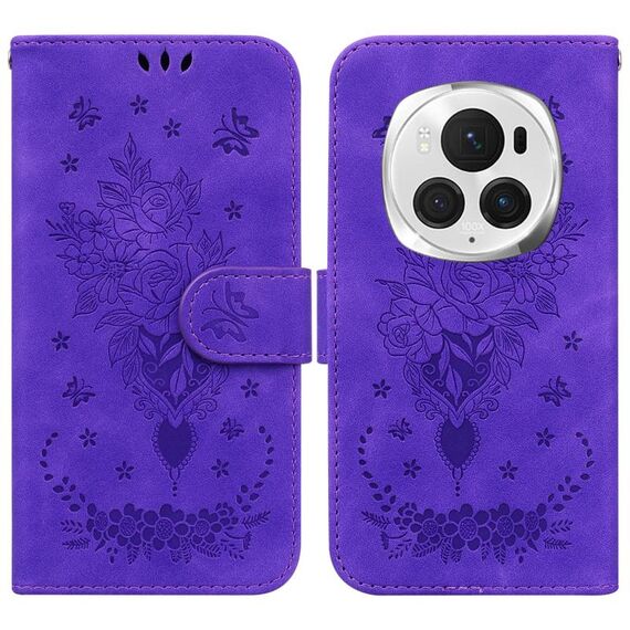 Custodia per telefono in pelle goffrata rosa farfalla per Honor Magic6 Pro (viola)