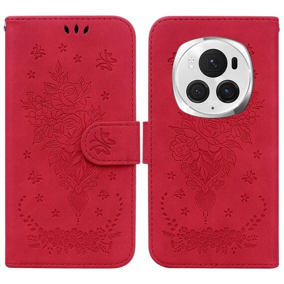 Custodia per telefono in pelle goffrata Butterfly Rose per Honor Magic6 Pro (rosso)