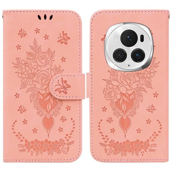 Custodia per telefono in pelle goffrata Butterfly Rose per Honor Magic6 Pro (rosa)