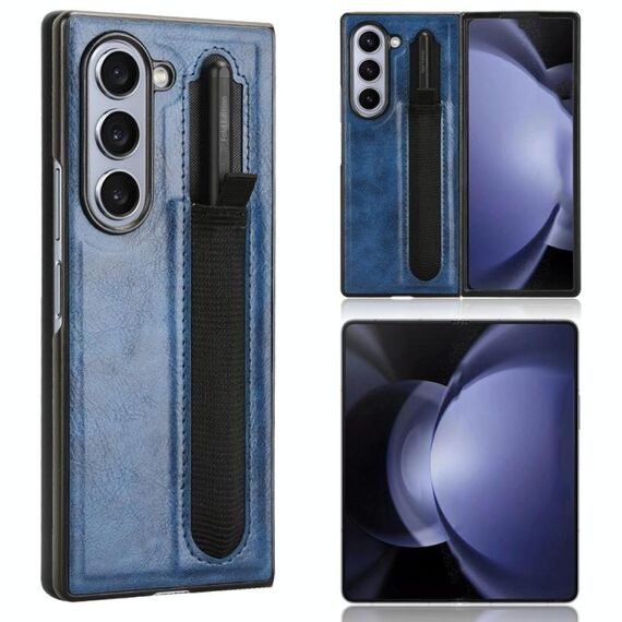 Per Samsung Galaxy Z Fold6 Custodia per telefono con texture vintage e slot per penna (blu)