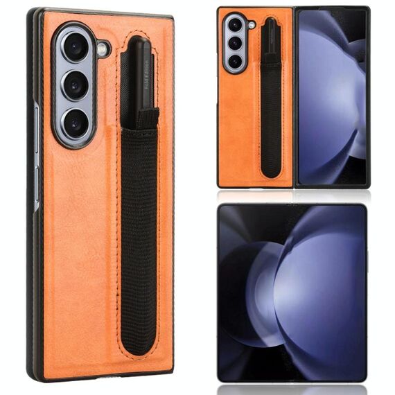 Custodia per telefono con texture vintage per Samsung Galaxy Z Fold6 con slot per penna (marrone)