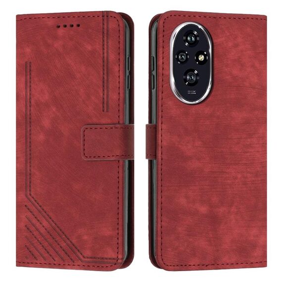 Custodia per telefono in pelle con motivo a strisce per Honor 200 Skin Feel con cordino (rosso)