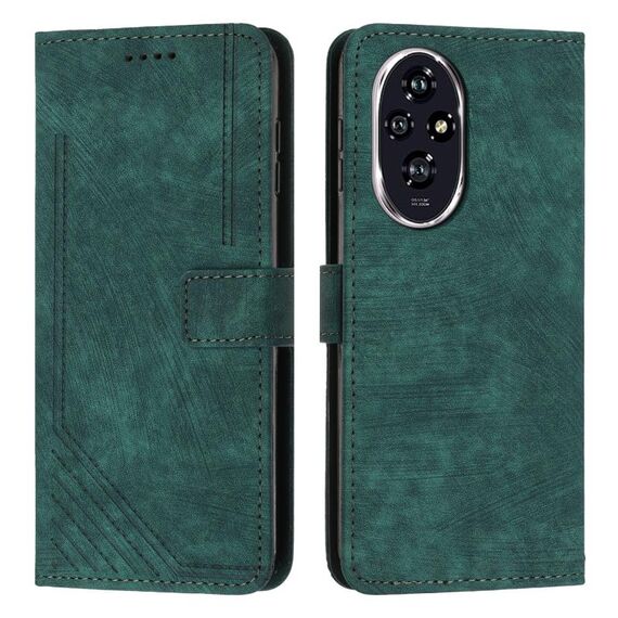 Custodia per telefono in pelle con motivo a strisce per Honor 200 Skin Feel con cordino (verde)