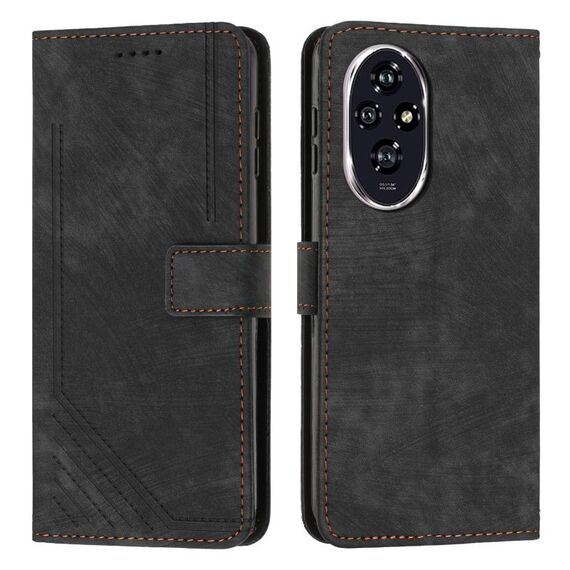 Custodia per telefono in pelle con motivo a strisce Skin Feel per Honor 200 con cordino (nero)
